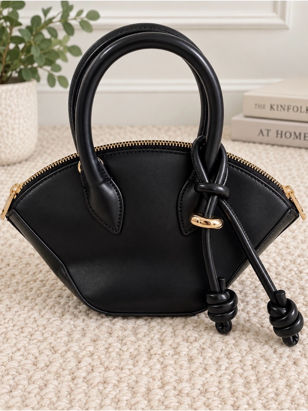 Zara Black Mini Structured Handbag Knotted Detail Gold Hardware